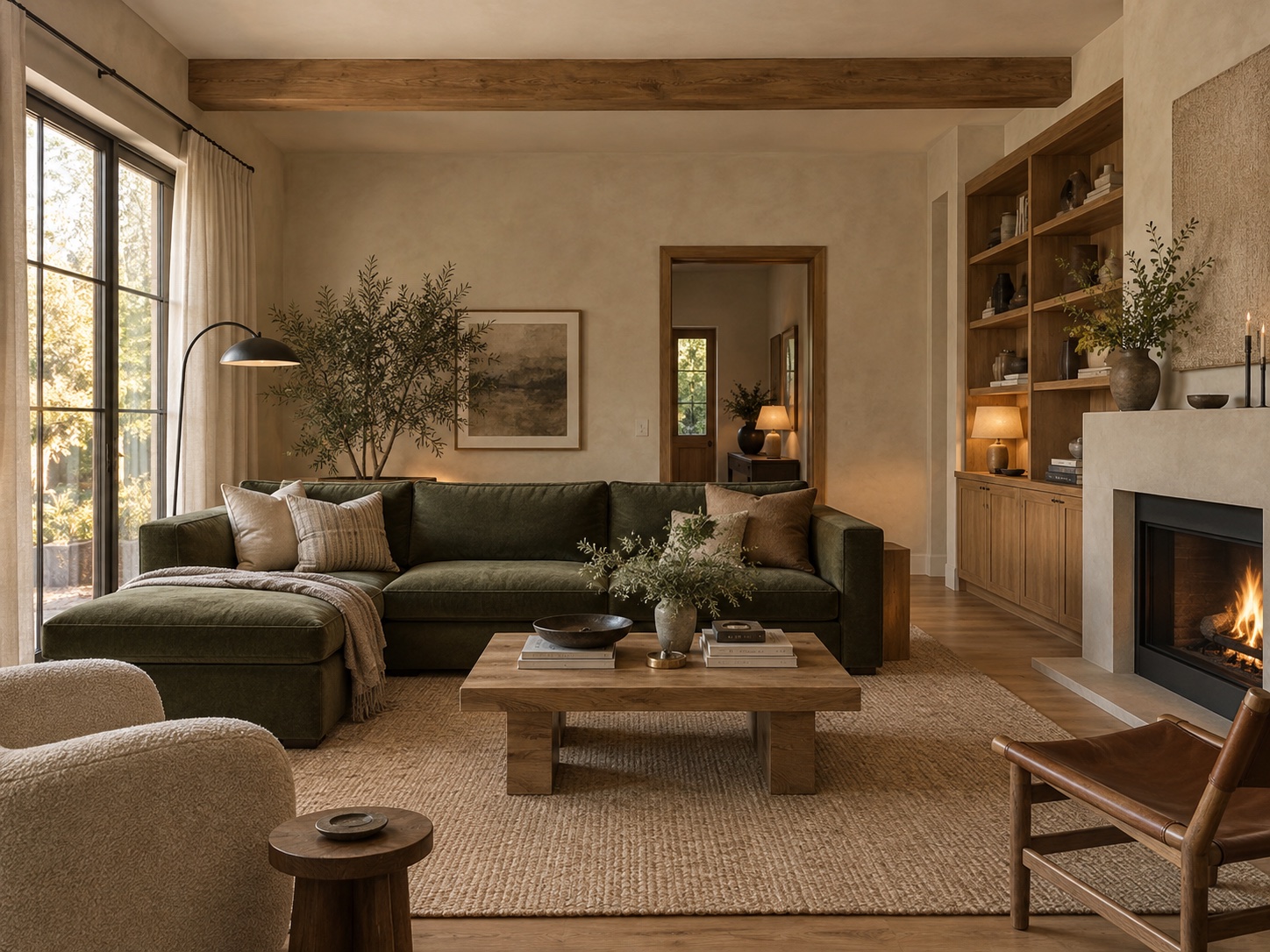 Fictional living room direction with an olive sofa, warm wood shelving, and a limewash fireplace