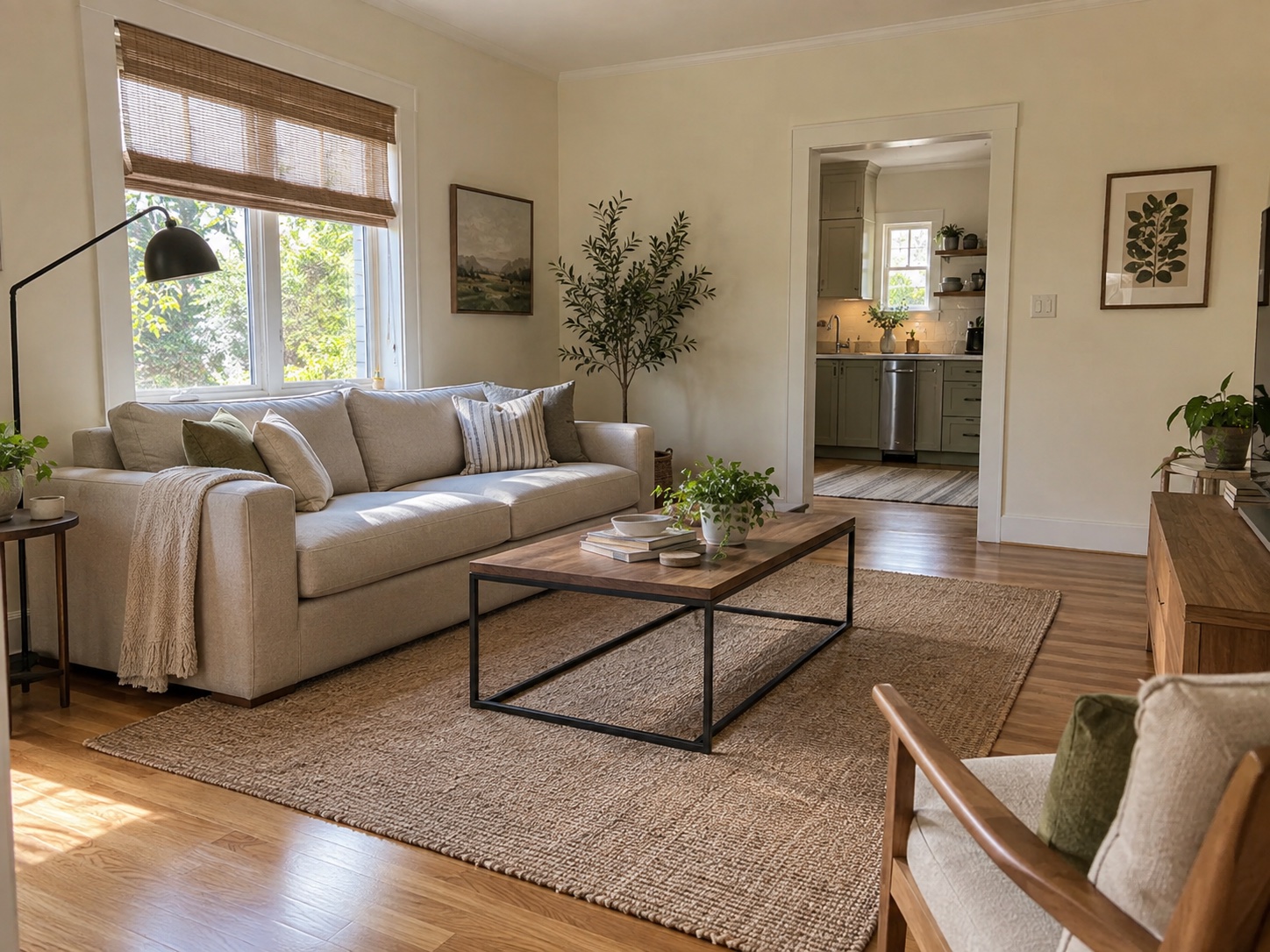 Fictional starting room with a cream sofa and timber furniture